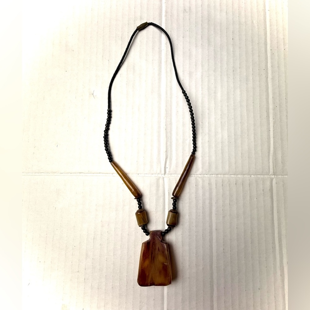 Vintage Bone Pendant Resin Black Beaded Necklace Mid Century Modern MCM Art Deco